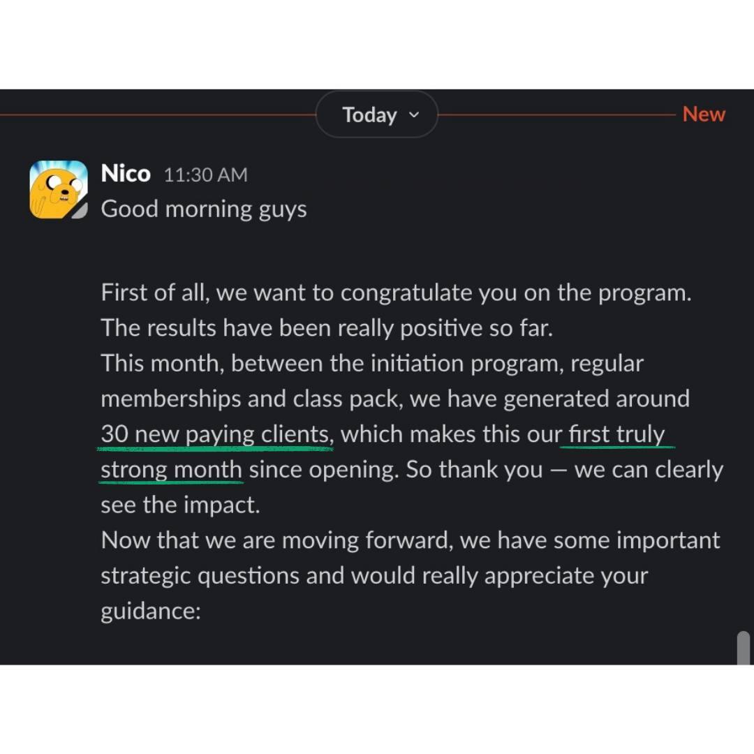 Slack message from a GymGrow client reporting 30 new paying clients and their first truly strong month since opening