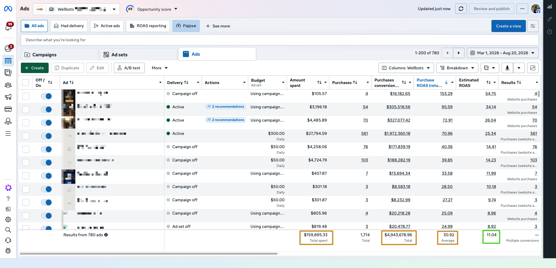 Wellbots Meta Ads Manager showing $159,895.33 total spent and $4,943,678.96 in purchase conversion value