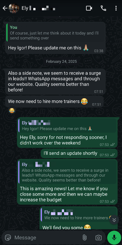WhatsApp message from the LVFT client saying they now need to hire more trainers